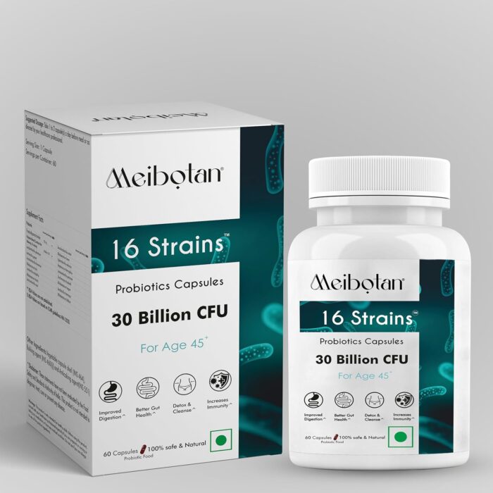 Meibotan Probiotics Supplement 16 Strains with 30 Billion CFU for Men & Women with Prebiotics - Gut Support, Digestion, Immunity Support, Detox & Cleanse - 60 Vegetarian Capsules, Age 45+