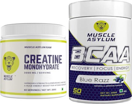 Muscle Asylum Creatine monohydrate powder - (Unflavoured) 250gm & BCAA - (Blue Razz) 300g