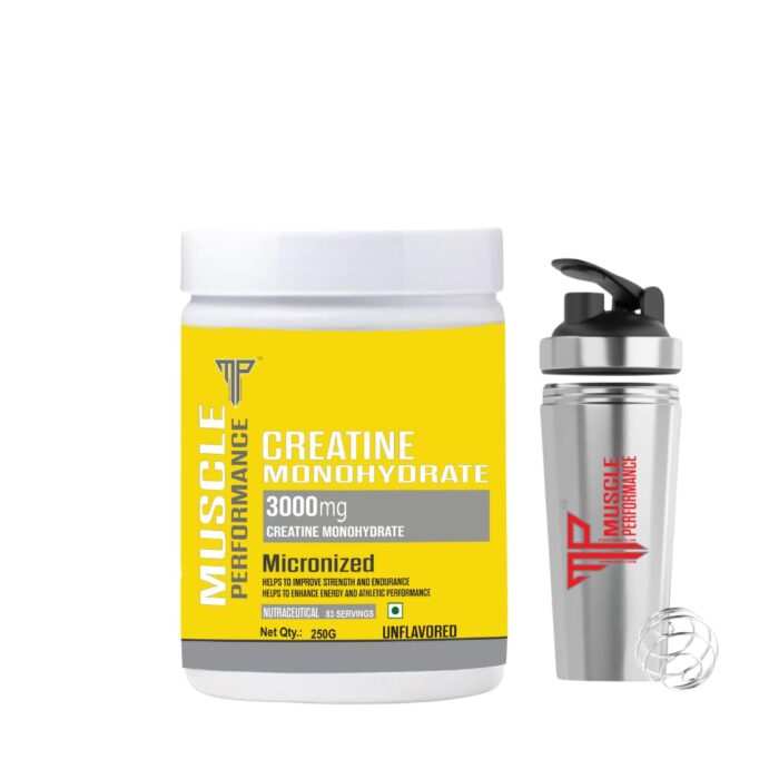 Muscle Performance Creatine Monohydrate With SteelShaker (Pack of 250g Powder, 83 Servings, Unflavored) Supports Muscle Endurance & Improved Athletic Performance.