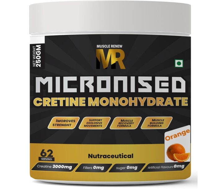 Muscle Renew Micronized Creatine Monohydrate Orange(250gm 62 Serving) With Muscle Recovery Formula | Instantized | Fuels Muscles | Increase Muscle Mass | Rapid Absorption | FSSAI APPROVED