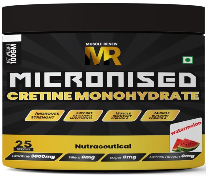 Muscle Renew Micronized Creatine Monohydrate Watermelon(100gm 25 Serving) With Muscle Recovery Formula | Instantized | Fuels Muscles | Increase Muscle Mass | Rapid Absorption | FSSAI APPROVED