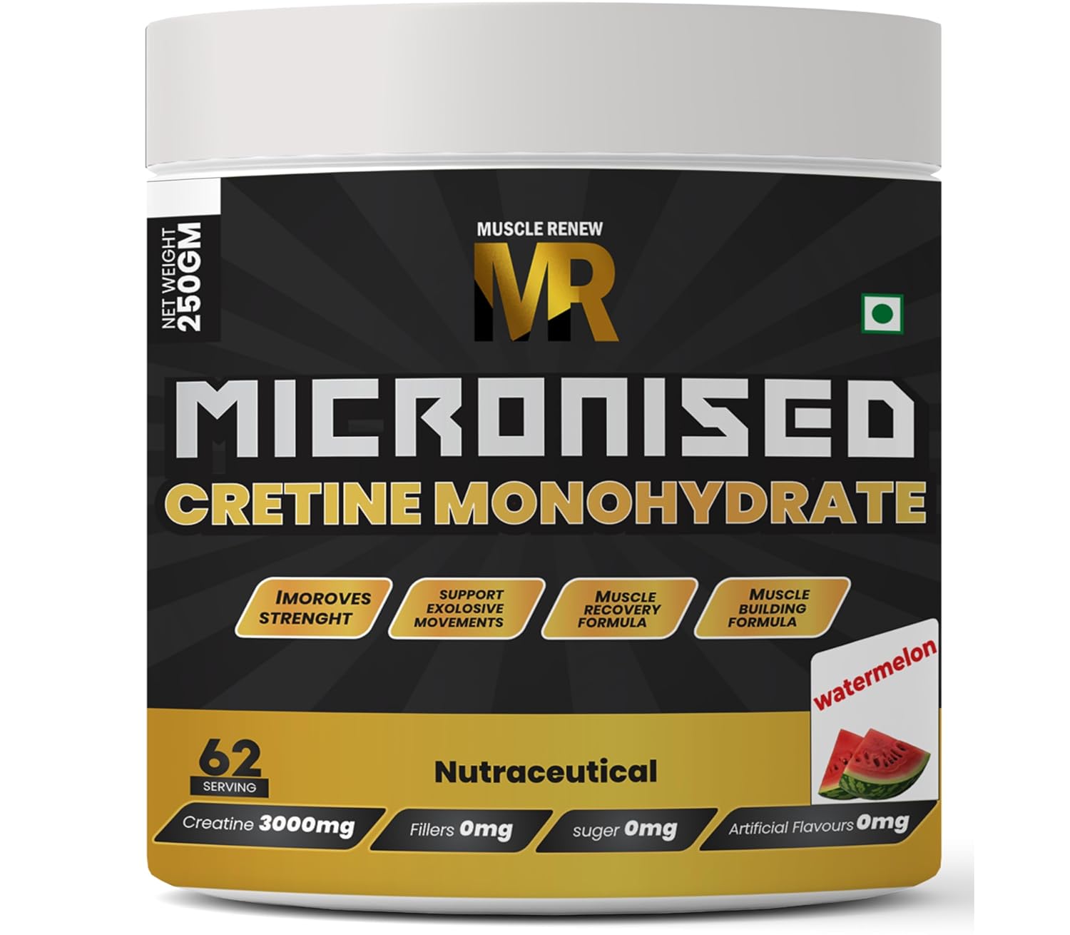 Muscle Renew Micronized Creatine Monohydrate Watermelon(250gm 62 Serving) With Muscle Recovery Formula | Instantized | Fuels Muscles | Increase Muscle Mass | Rapid Absorption | FSSAI APPROVED