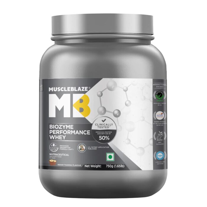 MuscleBlaze Biozyme Performance Whey Protein, Kesar Thandai (750g / 1.65lbs) | 25g Protein Per Scoop | Clinically Tested 50% Higher Protein Absorption