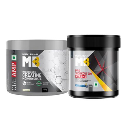 MuscleBlaze Pre Workout 200 Xtreme, Berry Bolt (15 Servings, 100g) & Micronised Creatine Monohydrate CreAMP Powder, Unflavoured (32 Servings, 100g) | Pack of 2