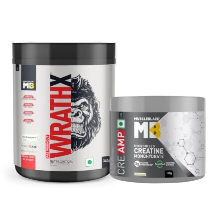 MuscleBlaze Pre Workout WrathX with Creapure®, Nitroblaze & BioPerine (Fruit Fury, 340g, 20 Servings) & Creatine Monohydrate CreAMP™ (100g, Unflavoured)