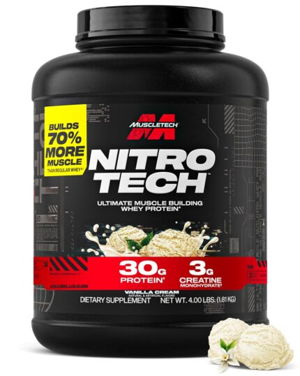 MuscleTech Performance Series Nitro Tech|30g Protein & 2g Sugar |With Creatine Monohydrate, BCAA & Glutamine & Precursors |For Lean Muscle Gain |Protein Powder for Women & Men|4 lbs (1.81 Kg) |Vanilla
