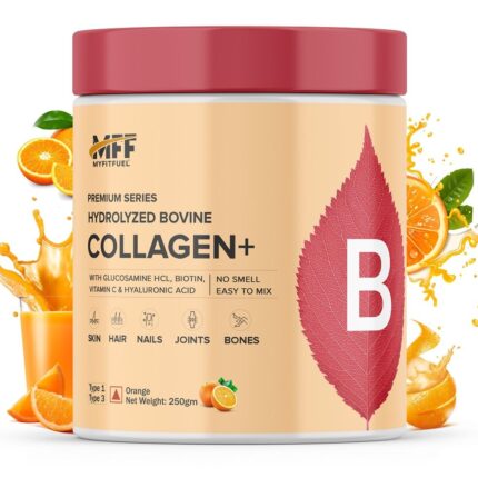 MyFitFuel Hydrolyzed Bovine Collagen (250gm, Orange) with Biotin, Hyaluronic Acid, Zinc, Vitamin C & Glucosamine | For Skin, Hair, Nails & Joints