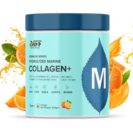 MyFitFuel Hydrolyzed Marine Collagen (200gm, Orange) with Biotin, Hyaluronic Acid, Zinc, Vitamin C & Glucosamine | For Skin, Hair, Nails & Joints