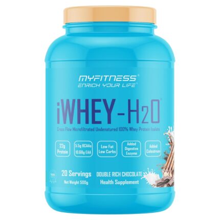 Myfitness iWhey H2O | 88% Protein Per Serving | 100% Whey Protein Isolate | Added Colostrum | Added Digestive Enzymes | Whey Protein Powder (500g (20 servings), Double Rich Chocolate)
