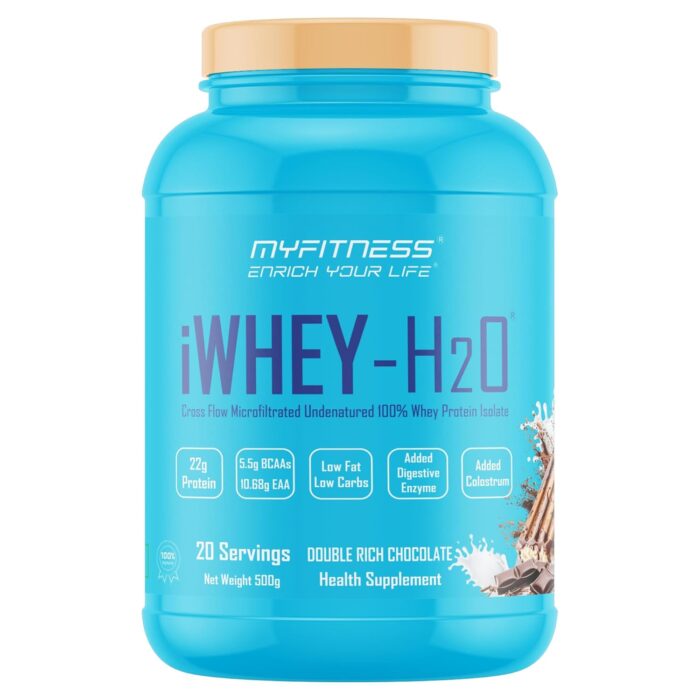 Myfitness iWhey H2O | 88% Protein Per Serving | 100% Whey Protein Isolate | Added Colostrum | Added Digestive Enzymes | Whey Protein Powder (500g (20 servings), Double Rich Chocolate)