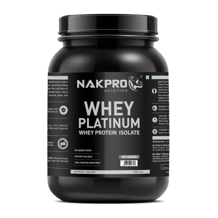 NAKPRO Platinum Whey Protein Isolate 90%, 1kg Unflavoured, Jar | 31g Protein, 7g BCAA | Trustified Certified 100% Authentic Supplement Powder & No Adulteration | Low Carbs, Fast Absorbing Whey Protein Powder