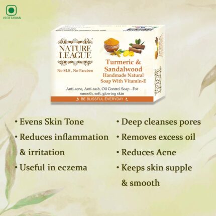 NATURE LEAGUE – TURMERIC & SANDALWOOD, Natural Handmade Soap, Deep Cleansing, Oil Control, Acne Control, SLS & Paraben Free, With Natural Oils, Vitamin – E, Pack of 2 (200 gms)