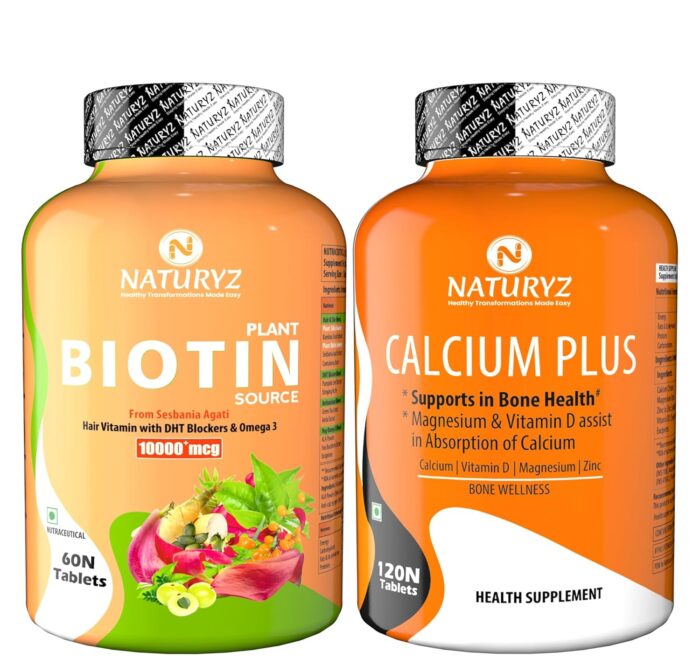 NATURYZ 100% Plant Based Biotin Tablets with High Protein Vitamin DHT Omega 3 for Strong Hairs Nails Growth Glowing Skin & Calcium Plus with Vitamin D Magnesium Zinc Supplement for Bone Health