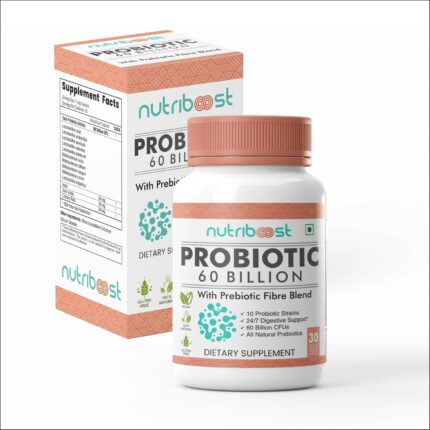NUTRIBOOST Probiotic with Probiotic Fibre Blend Veggie Capsules - 60 Billion CFU -10 Probiotic Strains/Easier Digestion,Fuller Nutrition/Organic/Natural for Women & Men (30.0 Servings)