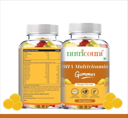 NUTRICOUNT DHA Multivitamin Gummies for Adult,Mango Flavour, Veg Omego 3, vitamin C, Folic Acid, Zinc, Iron, Vitamins For Healthy Growth Pack-Of-1