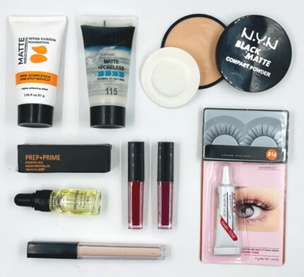 N.Y.N Makeup kit combo pack of 9, Essential Oil, Face Primer, foundation, Concealer, Compact Powder face powder, 2 lipstick, eyelashes and Eye Glue