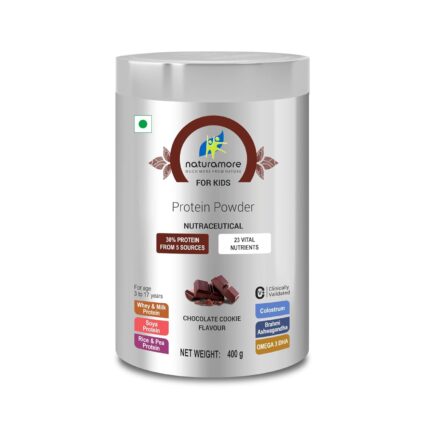 Naturamore For Kids Nutritional Supplement Powder | 30% Protein (5 Sources) | Essential Vitamins, Minerals & DHA | Supports Growth, Immunity & Brain Health | Delicious Chocolate Cookie Flavour - 400g