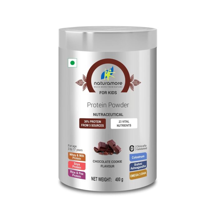 Naturamore For Kids Nutritional Supplement Powder | 30% Protein (5 Sources) | Essential Vitamins, Minerals & DHA | Supports Growth, Immunity & Brain Health | Delicious Chocolate Cookie Flavour - 400g