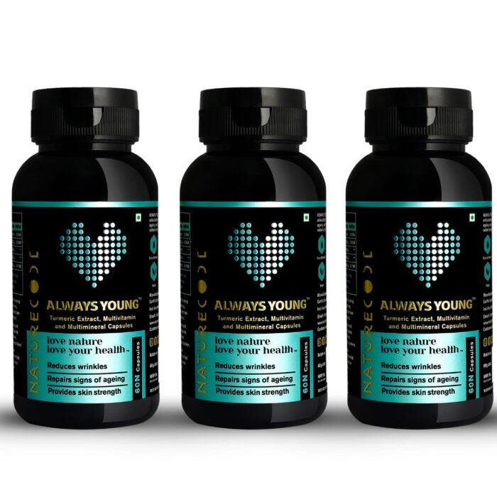 Nature Code Always Young Capsules - Anti-Aging Supplement for Healthy Skin, Wrinkle Reduction, Glowing Complexion with Vitamin A, C, E, Biotin & Natural Herbal Extracts - 60 Veg Capsules (Pack of 3)