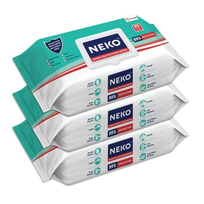 Neko Germ Protection Wipes 80S Lid Pack | Disinfectant Wipes | Skin Friendly |Contains Bkc | Aloe Vera Enriched | Large Sized Wipes 200Mm X 200Mm | Pack Of 3