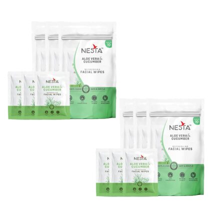 Nesta Refreshing Single Pouch Wet Wipes with Extra Moisturizers - 10-IN-1 Pack, No Artificial Fragrance, Natural Cleansing & Hydrating Face Wipe (Cucumber 60)