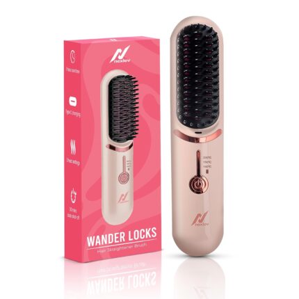 NexLev Ionic Hair Straightener Brush| Ceramic Tourmaline Coating to reduce Heat Damage | Straight & Soft Curl | Travel Hot Comb | Type C | Frizz Free Hair| Compact & Portable | 1 Hour Run Time |HSB-04