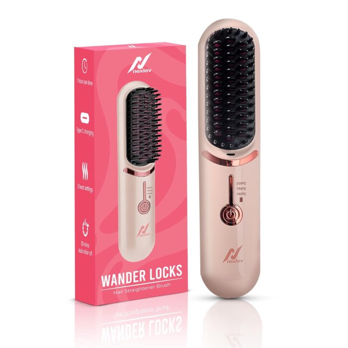 NexLev Ionic Hair Straightener Brush| Ceramic Tourmaline Coating to reduce Heat Damage | Straight & Soft Curl | Travel Hot Comb | Type C | Frizz Free Hair| Compact & Portable | 1 Hour Run Time |HSB-04