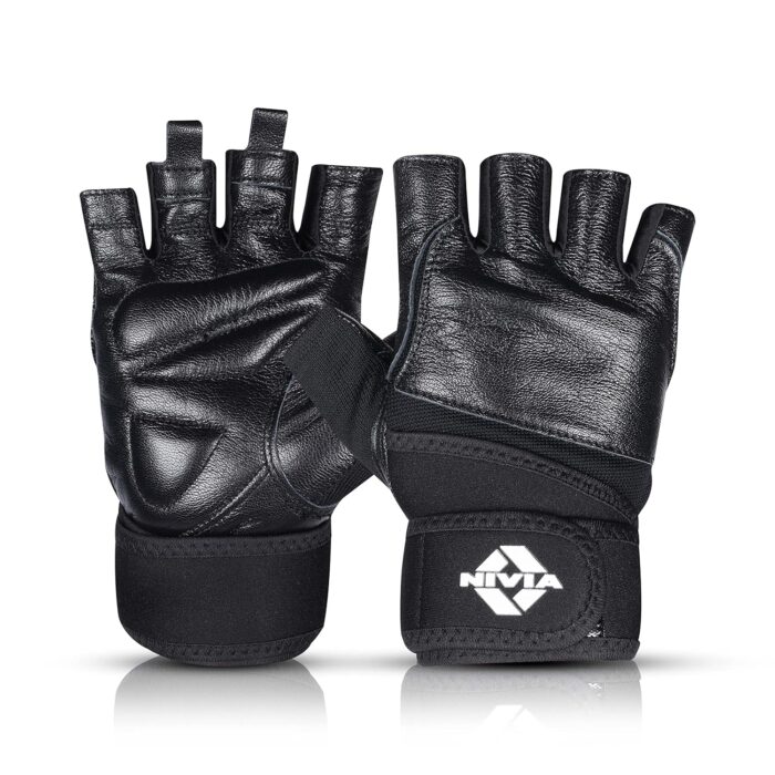 Nivia Venom Sports Gloves/Genuine Leather with Neoprene Strap/Impact Foam for Palm Protection/Half Finger Length Weight Lifting Gloves - Large (Black)