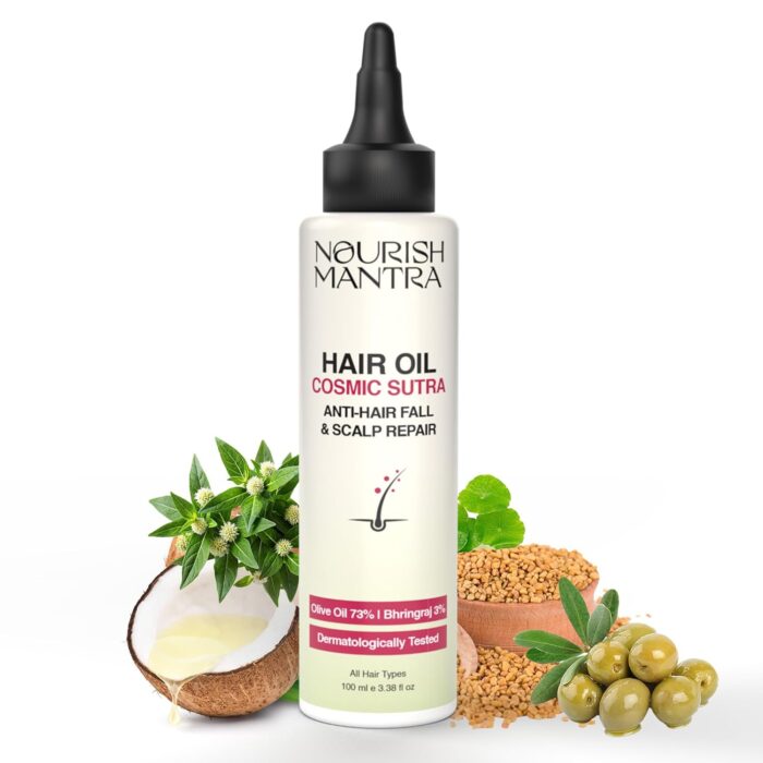 Nourish Mantra Cosmic Sutra Hair Oil for Hair Growth & Hair Fall Control – 73% Olive Oil Ayurvedic Herbal Blend with Bhringraj, Amla, Moringa, Coconut & Argan – 100ml