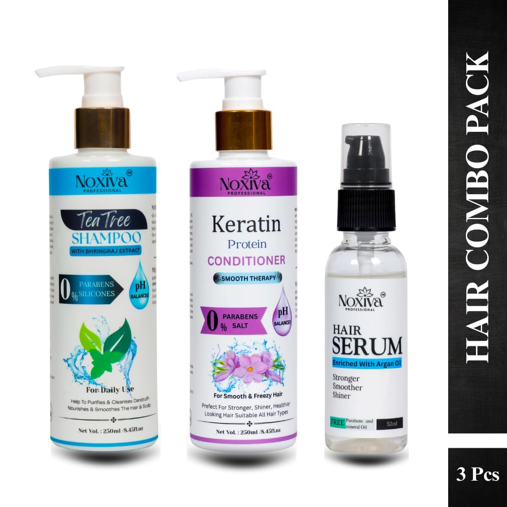 Noxiva 3-in-1 Hair Care Combo Tea Tree Shampoo, Keratin Conditioner & Argan Hair Serum Anti-Dandruff Frizz-Free Sulfate For All Hair Types Men & Women