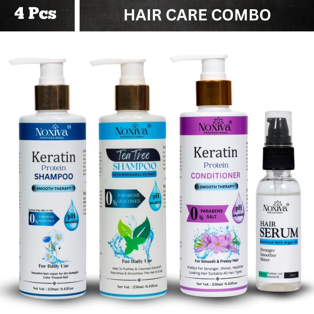 Noxiva Keratin & Tea Tree Hair Care Combo Shampoo, Conditioner, Hair Oil & Serum Frizz Control, Fall Solution & Scalp Nourishment Unisex Sulphate-Free