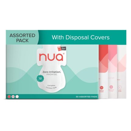 Nua Complete Comfort Sanitary Pads for Sensitive Skin | Pack of 50 Pads (12 Heavy Flow, 20 Medium Flow, 18 Light Flow) with Disposal covers | Zero Irritation | Comfortable All-Day Protection | Ultra-Thin | Super Absorbent | No rashes | 50% Wider Back | 100% Toxic-Free, Dermatologically Tested