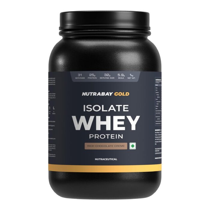 Nutrabay Gold Whey Protein Isolate Powder - 1kg, Rich Chocolate Creme | 25g Protein, 5.9g BCAA | Easy to Digest | NABL Lab Tested | Muscle Growth & Recovery | Rich in Glutamic Acid | For Men & Women