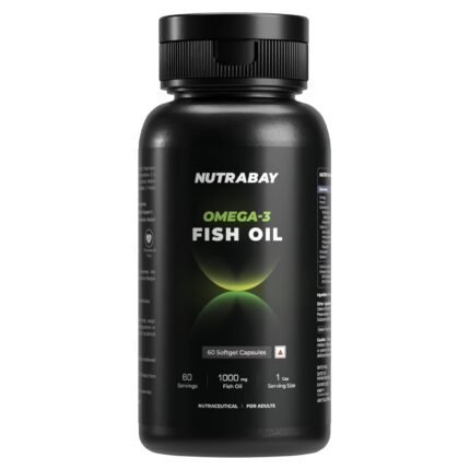Nutrabay Wellness Omega 3 Fish Oil 1000mg per Capsule, 180mg EPA, 120mg DHA – Vision, Memory, Heart, Skin & Hair Support, No Fishy Aftertaste – 60 Softgel Capsules | Tested for Purity | 100% Authentic