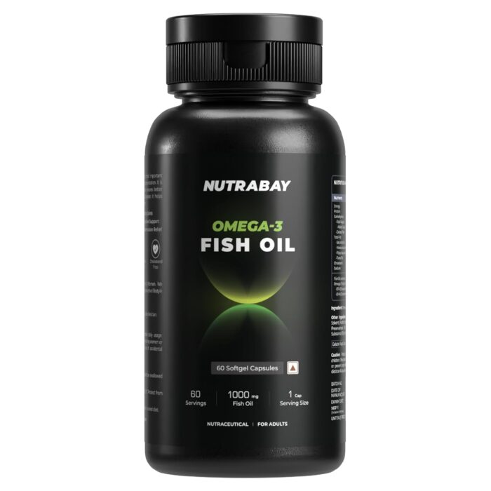 Nutrabay Wellness Omega 3 Fish Oil 1000mg per Capsule, 180mg EPA, 120mg DHA – Vision, Memory, Heart, Skin & Hair Support, No Fishy Aftertaste – 60 Softgel Capsules | Tested for Purity | 100% Authentic
