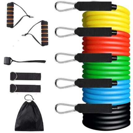 OLAHRAGA Resistance Bands Set with Door Anchor, Five Band, Foam Handles, Ankle Strap, and Carrying Bag for Men, Women(Multi-Color)