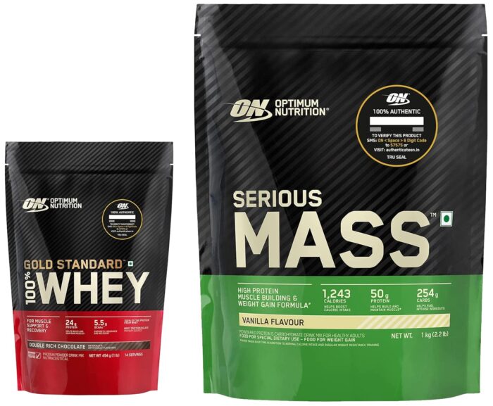 OPTIMUM NUTRITION (ON) Gold Standard 100% Whey Protein Powder 1 Lbs, 454 G (Double Rich Chocolate) & Serious Mass Gainer (Veg), High Protein High Calorie Weight Gainer - 1 Kilogram (Vanilla), 1 Scoop