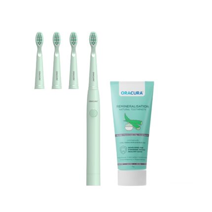 ORACURA® SB100 Green Sonic Electric Toothbrush for Men & Women + Remineralisation Natural Toothpaste (Aloe Vera) + Smart Sonic Electric Tooth Brush with 3 Brush Heads