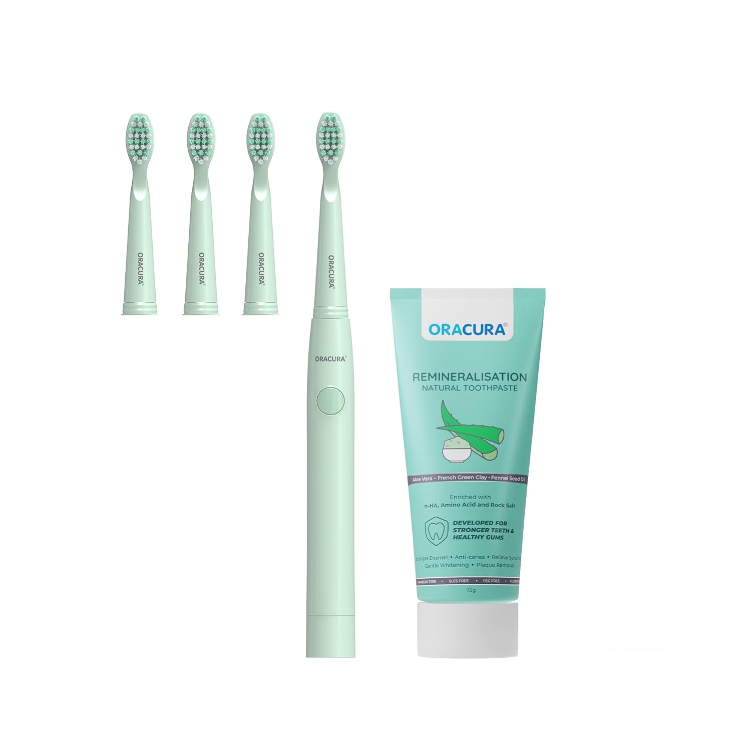 ORACURA® SB100 Green Sonic Electric Toothbrush for Men & Women + Remineralisation Natural Toothpaste (Aloe Vera) + Smart Sonic Electric Tooth Brush with 3 Brush Heads