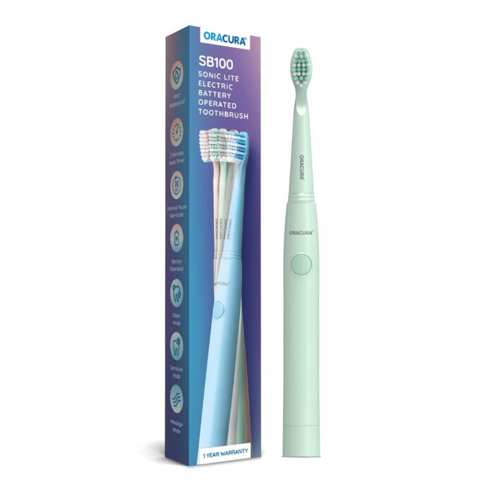 ORACURA® Sonic Lite Electric Battery Operated Toothbrush SB100 | Green | Electric Toothbrush for Men & Women | 4 Vibrant Colours | IPX7 Waterproof | 2 Minutes Auto-Timer | Dupont Bristles