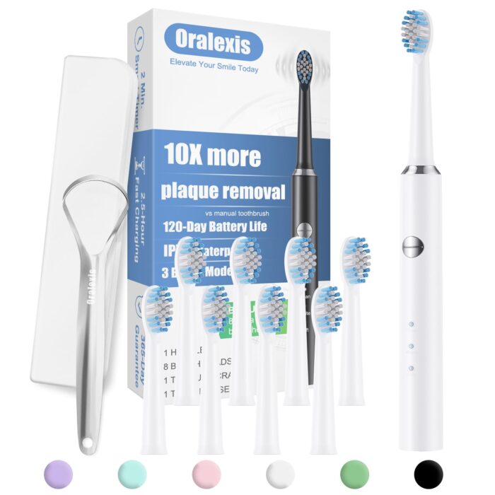 ORALEXIS Sonic Electric Toothbrush for Adults, with 8 Brush Heads, Travel Case & Holder, One Fast Charge Last 90 Days, 2-Minute Smart Timer, 40000 VPM Deep Clean, Rechargeable Toothbrush - White