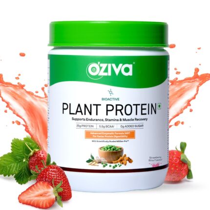 OZiva Bioactive Plant Protein (Strawberry), 500g | 25g Protein,5.5 BCAA| Pea Isolate| Plant based Protein Powder for Women & Men | Essential Amino Acids| Vegan Protein supplement, Clean, Sugar free.