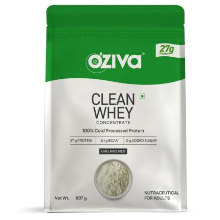 OZiva Clean Whey Concentrate Protein Powder (Unflavoured) - 4lbs/907g | 27g Protein Per Scoop | Microfiltered, Ultrafiltered, 100% Cold-Processed | Muscle recovery, Better Absorption& No bloating