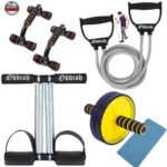 Oddish® 4-in-1 Home Gym Fitness Combo | Tummy Trimmer with Comfertable Foam Grip Handle, Ab Roller Wheel with Knee Mat, Resistance Tube & Push-Up Bars | Full Body Workout Kit for Men & Women (Black)