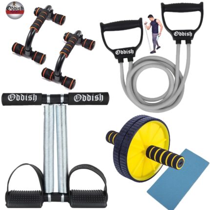 Oddish® 4-in-1 Home Gym Fitness Combo | Tummy Trimmer with Comfertable Foam Grip Handle, Ab Roller Wheel with Knee Mat, Resistance Tube & Push-Up Bars | Full Body Workout Kit for Men & Women (Black)