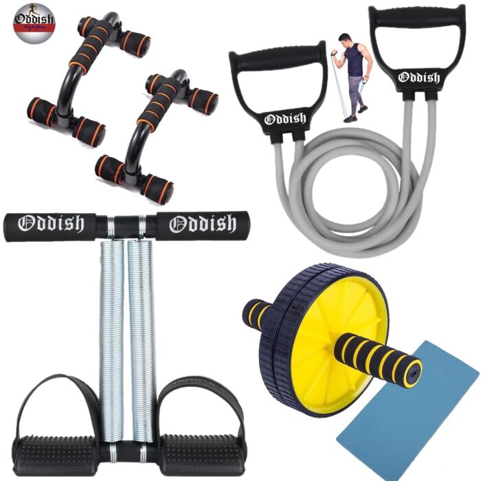 Oddish® 4-in-1 Home Gym Fitness Combo | Tummy Trimmer with Comfertable Foam Grip Handle, Ab Roller Wheel with Knee Mat, Resistance Tube & Push-Up Bars | Full Body Workout Kit for Men & Women (Black)
