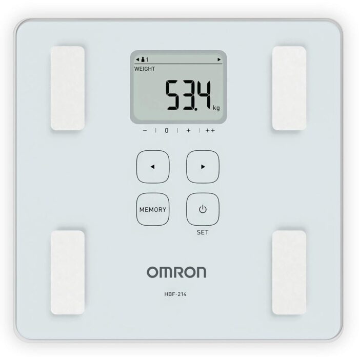 Omron HBF 214 Digital Full Body Composition Monitor with 4 User & Guest Mode Feature to Monitor BMI, Body Age, Vesceral Fat Level, Body Fat & Skeletal Muscle Percentage (White)