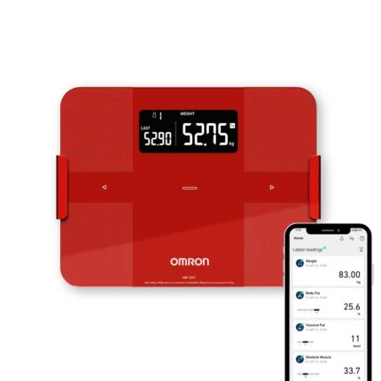 Omron HBF 255T Bluetooth Enabled Digital Full Body Composition Monitor with 4 User & Guest Mode Feature to Monitor BMI, Vesceral Fat Level, Body Fat & Skeletal Muscle Percentage (Red)