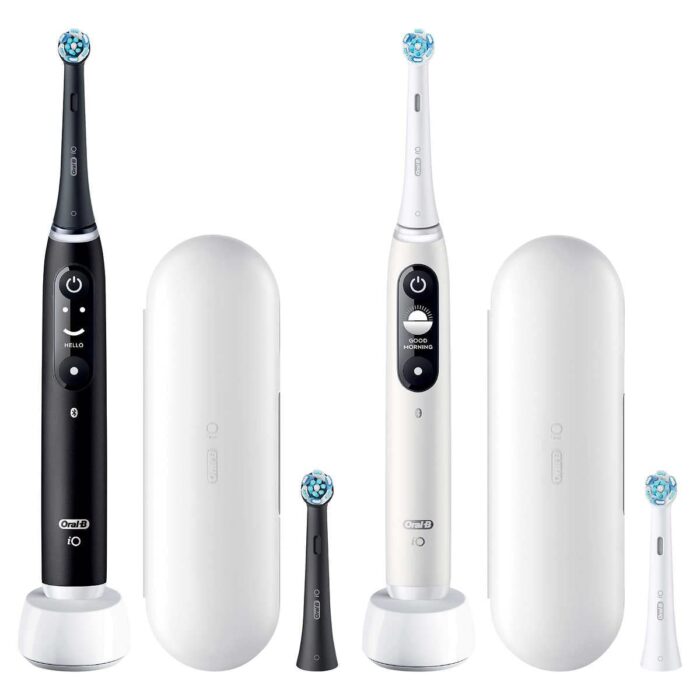Oral-B Io Ultimate Clean Rechargeable Automatic Kid Toothbrush 2-Set Incl. 2 Handles, 2 Chargers, 4 Brush Heads, 2 Travel Cases & Bluetooth (Black + White)