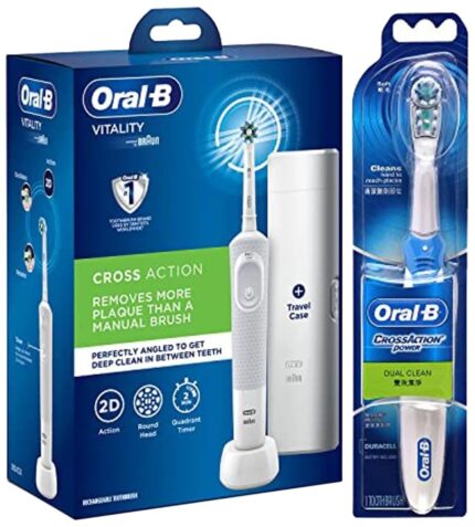 Oral-B Vitality Criss Cross Electric Rechargeable Toothbrush With Travel Case,With Replaceable Brush Head Included(White Colour)&Cross Action Battery Powered Electric Toothbrush-Adult,1 Count